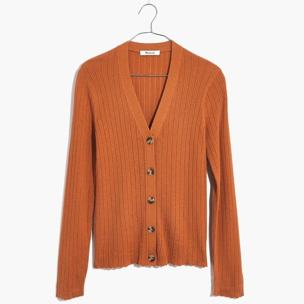 Madewell Pointelle Ribbed Cardigan Sweater slim fit wool in orange size small